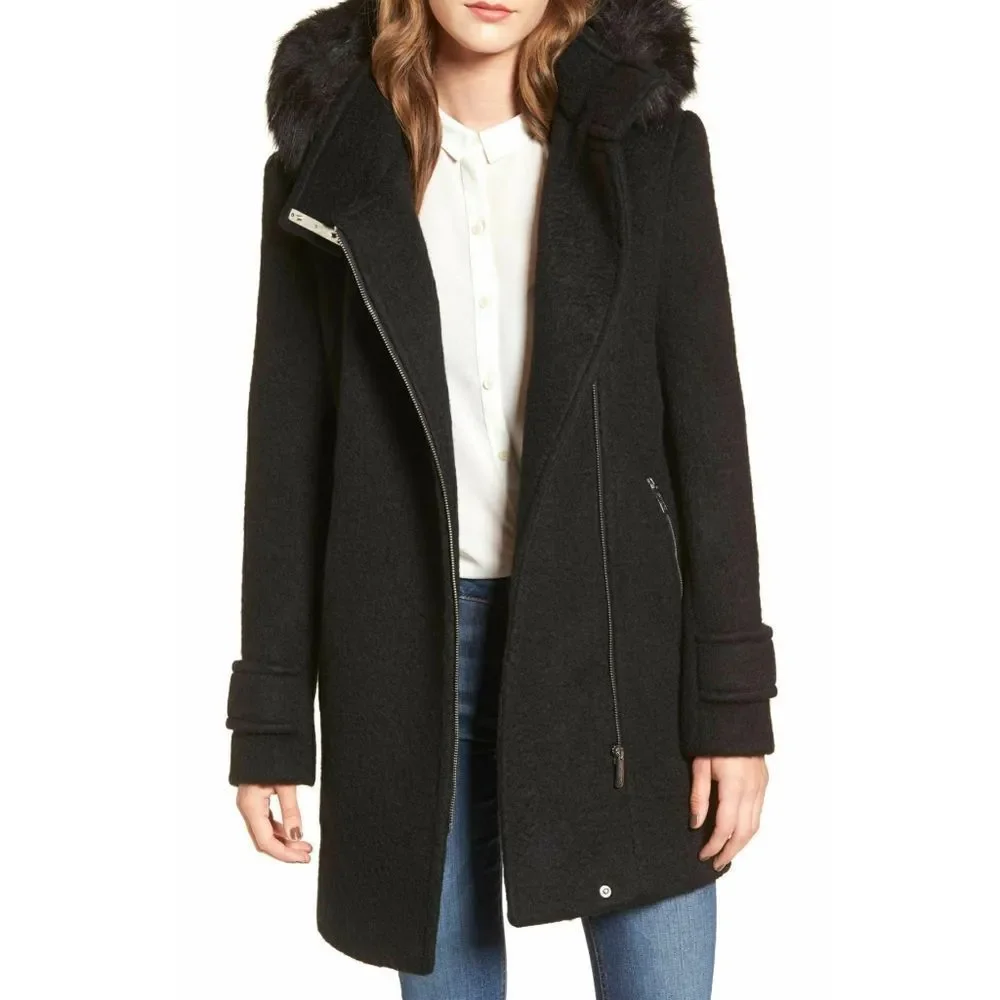 Hooded Wool Blend Jacket with Faux Fur Trim - Picture 9 of 9